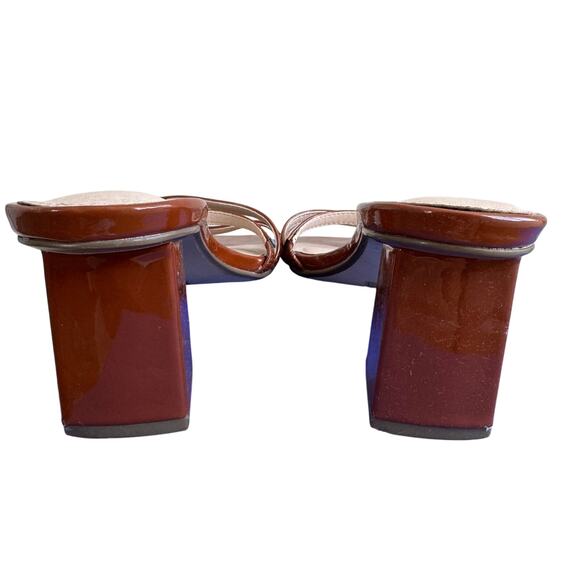 Urban Outfitters Brown Patent Mule Strappy Peep Toe Sandal Chunky Block Heels- 7 - Picture 5 of 9